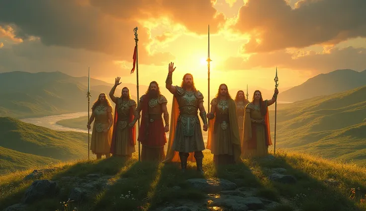 A serene and joyous scene of the gods celebrating their hard-earned victory, standing together in the heart of a vast, peaceful landscape. The sun shines brightly, casting a warm golden glow across the land, its rays piercing through the last remnants of t...