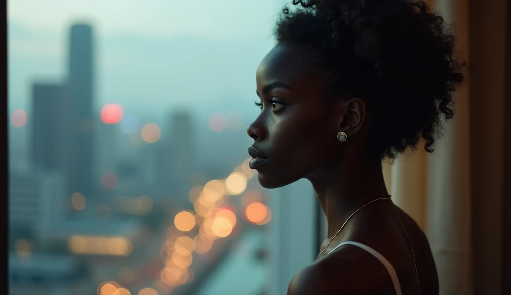 Image dune femme africaine de 28 ans regardant par la fenêtre d’un appartement de luxe, son regard pensif et mélancolique. La vue montre une ville brillante et moderne en dessous, mais semble isolée dans son monde intérieur. L’ambiance est froide et distan...