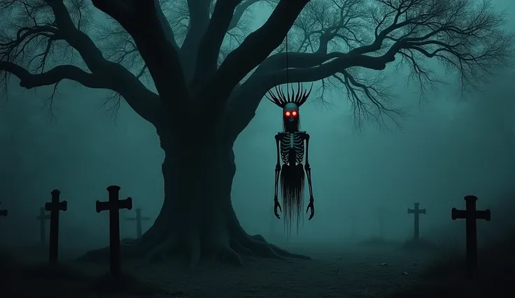 "A dark and eerie cremation ground with a large Siris tree at its center. Hanging upside down from the tree is a terrifying ghostly figure with long, unkempt hair, a pale, skeletal body, and glowing red eyes. Its ghastly form reveals visible bones, creatin...