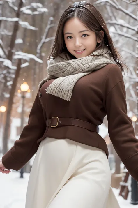 (8k, RAW photo, photorealistic, HQ, masterpiece), a cute Japanese girl,(glowing eyes), 
(light smile), brown hair, fluffy Pixie Bob hair, large breasts, curvy, (Stylish winter outfits, Scarf, coat, long skirt), 
standing pose, Seductive pose, (Snow is fall...