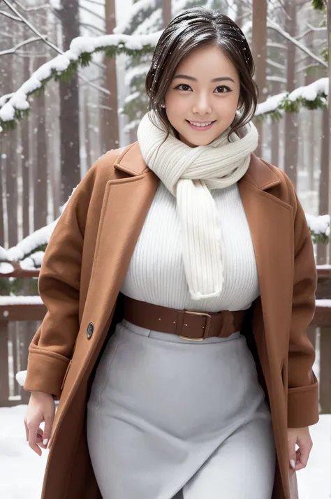 (8k, RAW photo, photorealistic, HQ, masterpiece), a cute Japanese girl,(glowing eyes), 
(light smile), brown hair, fluffy Pixie Bob hair, large breasts, curvy, (Stylish winter outfits, Scarf, coat, long skirt), 
standing pose, Seductive pose, (Snow is fall...