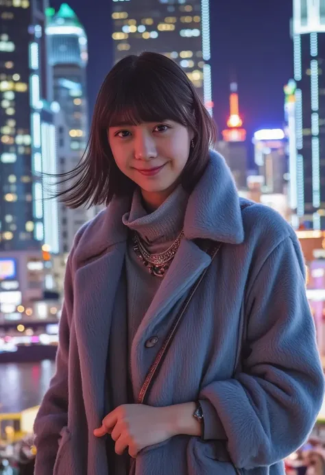 Shiba dog holding 、 Hair Fluttering in the Wind 、You had medium short hair 、Fluffy scarf、 collared turtlenecks &#39;Breath of、 photo from the waist up、 lift up to night city lights 、 cowgirl shot 、 fur coat、豪華なグレーのミンクの fur coat、Wear fine leather boots 、Lux...