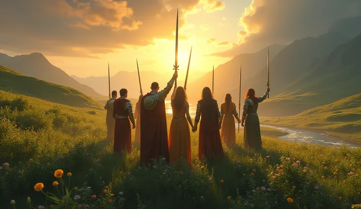 A serene and joyous scene of the gods celebrating their hard-earned victory, standing together in the heart of a vast, peaceful landscape. The sun shines brightly, casting a warm golden glow across the land, its rays piercing through the last remnants of t...