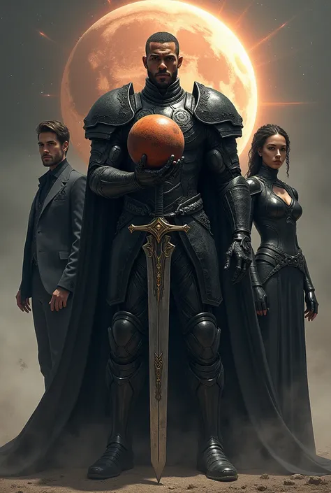  Black armored warrior holding the planet Mars in one hand a sword in the other is a handsome man and a beautiful woman