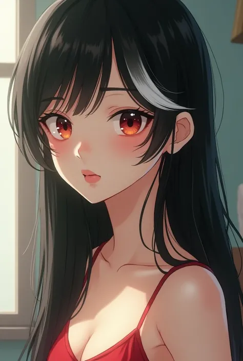 Cheeky girl with long black hair, one strand of hair on the side is white, green almond-shaped sly eyes, very realistic face, slightly Asian appearance, realistic girl, a little anime style, 25 years old, thin, normal neck, not giraffe, delicate, pale skin...