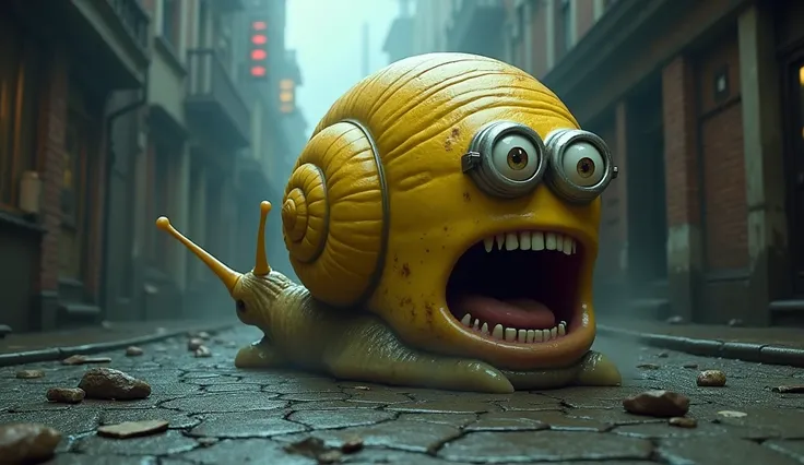 A yellow angry gaint moster snail having head of yellow Minion having two eyes at a creepy street