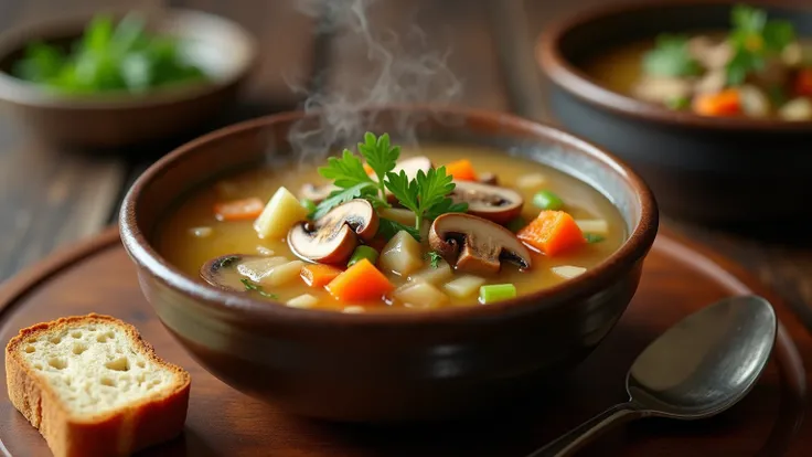 "A warm and inviting image of shiitake mushroom soup, highlighting its rich and earthy flavor. The soup features a clear, golden broth filled with tender slices of shiitake mushrooms, along with finely chopped vegetables like carrots, celery, and green oni...