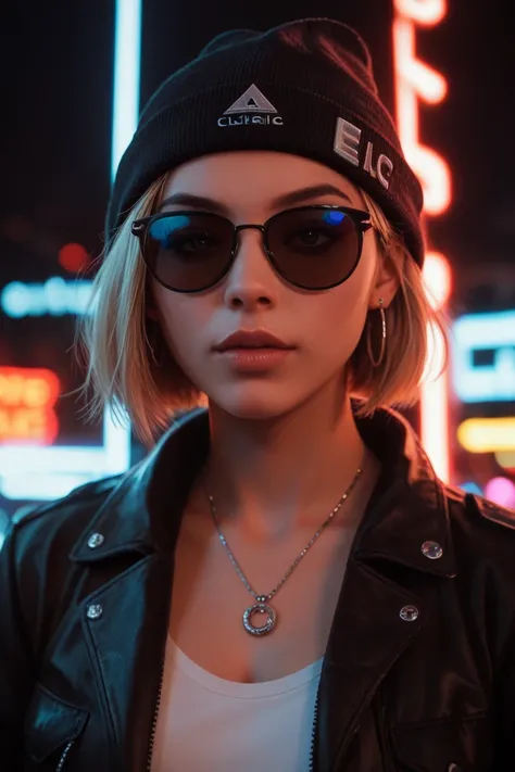 Face close up, alternative girl, watching over black sunglasses, jacket, necklace, neon light reflections on skin, ear ring, makeup, skin imperfection, short hair, beanie, neon lights background, low light, depth of field, highly detailed, high contrast, f...