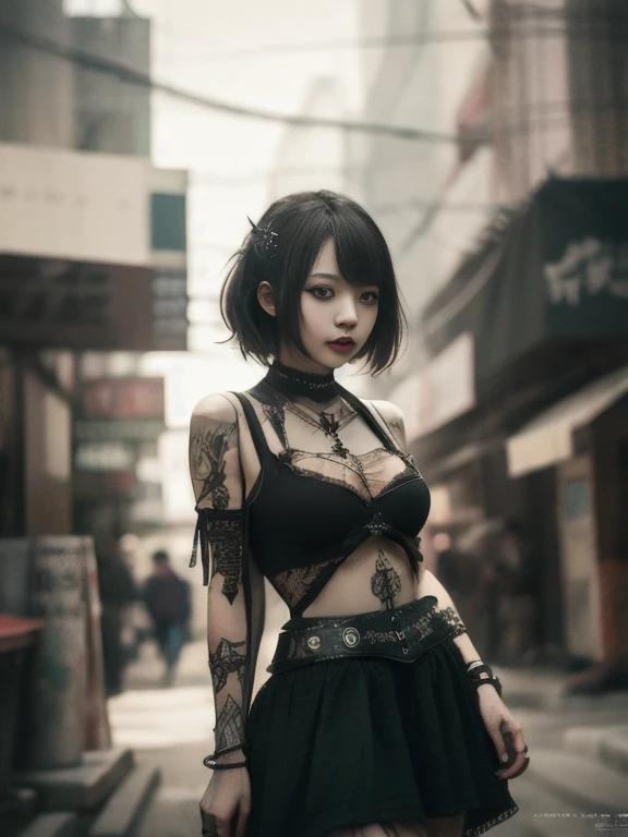  Another World、   DIESEL PUNK   ,    Atmospheric volumetric fog   , masterpiece,    illustrations,  top quality , 8k,      High Definition   ,    wallpaper,    Cinematic Lighting ,   1 Japanese woman  、   Beauty 、  gothic makeup  、Landmine Makeup、 Big Brea...