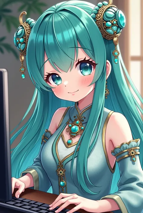  masterpiece,  better quality,  ultra detailed ,  illustration,(1 girl), beautiful and detailed eyes,  Looking at the spectator , (holding a computer keyboard ), happy, (turquoise hair:1), (round blue eyes:1), (Round pendant), ( necklace of large turquoise...