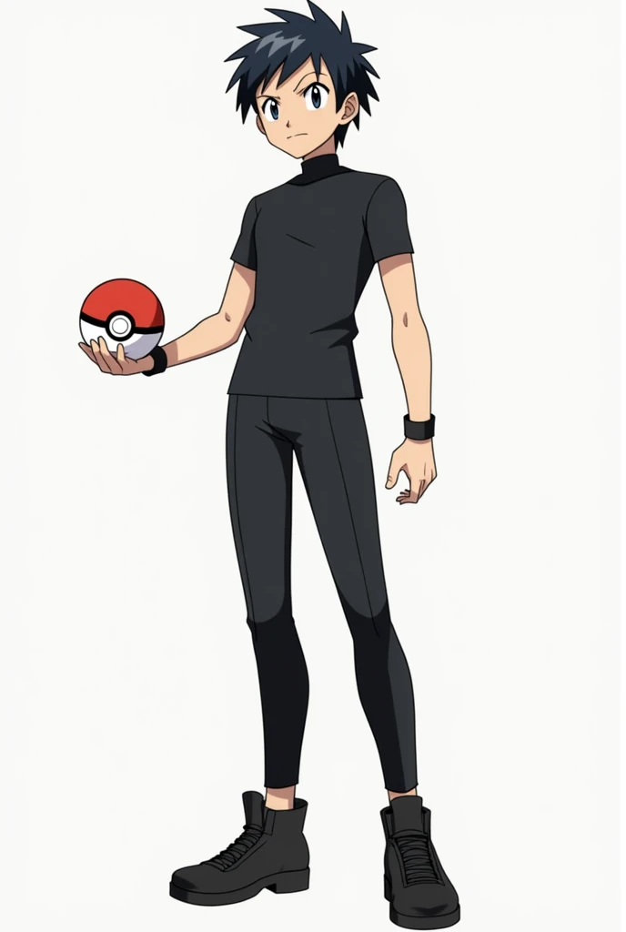 Create the image of a male Pokémon trainer with short black hair ,  wearing a tight black short sleeve body blouse inside a pair of tight black dress pants and black shoes.  The trainer is holding a Pokéball in his hand ,  with a serious expression on her ...