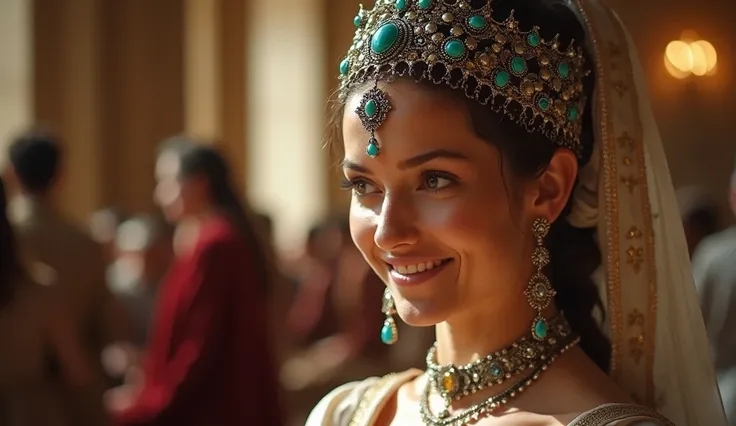 Also in this convoy was A graceful woman wearing a traditional medieval headdress adorned with silver ornaments and turquoise stones, smiling softly in a warm, royal setting. who belonged to a royal family.