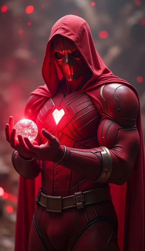 A god of Reality, Red clothes, Marvels Reality Stone(Infinity Stone) Holding in Hand, Adult Boy, Red Reality Stone Shining, Space, Full Body Covered Godistic Suit, Godistic Mask, Realistic, Cinematic 