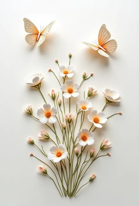 butterflies are flying around a bunch of flowers on a white surface, butterflies, paper art, paper decoration, made from paper, harmony of butterfly, made of paper, by Jan Kupecký, flowers and butterflies, by Kanō Tanyū, by Yukihiko Yasuda, butterflies fly...