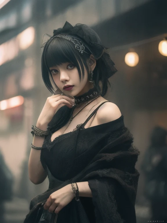  Another World、   DIESEL PUNK   ,    Atmospheric volumetric fog   , masterpiece,    illustrations,  top quality , 8k,      High Definition   ,    wallpaper,    Cinematic Lighting ,   1 Japanese woman  、   Beauty 、  gothic makeup  、Landmine Makeup、 Big Brea...