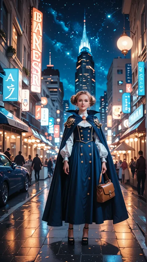 Night Sky, city,   One girl ,  standing, Alone,  full body , , Maribe,  puff sleeve,  Cape, bag