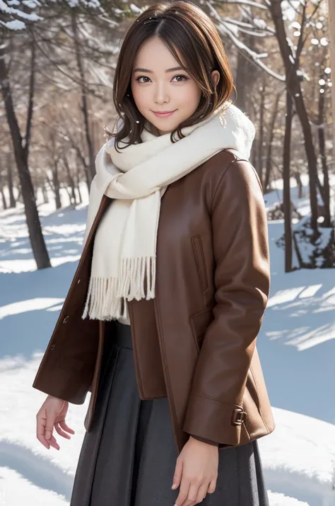 (8k, RAW photo, photorealistic, HQ, masterpiece), a cute Japanese girl,(glowing eyes), 
(light smile), brown hair, fluffy Pixie Bob hair, large breasts, (Stylish winter outfits, Scarf, coat, long skirt), 
standing pose, Seductive pose, (Snow is falling:1.4...