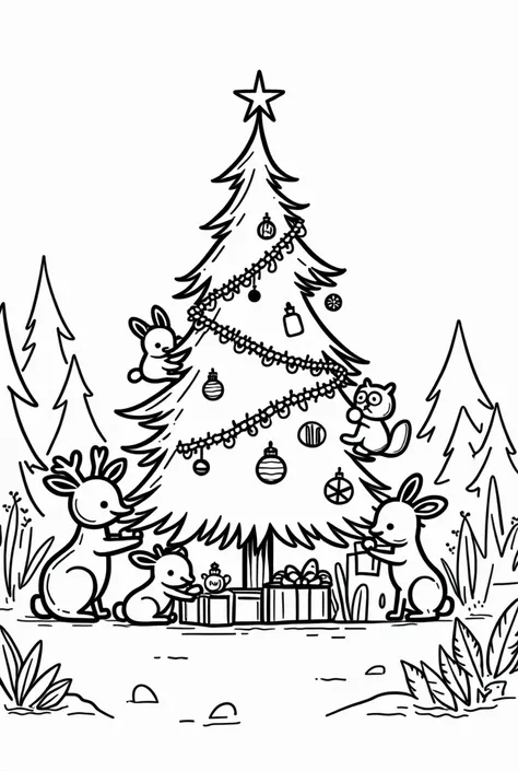 Create for. me simple thick black and white drawing line of size 8.5x 11 inches for my colouring book for s between 3 to s: A woodland setting with animals decorating a Christmas tree.
