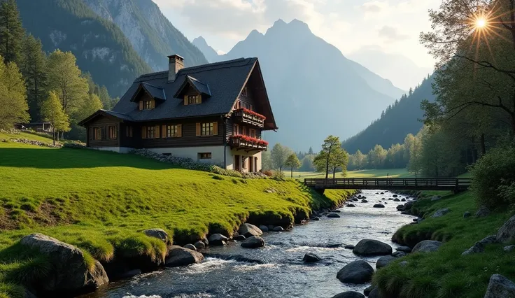 a natural photography of a switzerland style house in the mountains, thatched houses, there is a rocky river flow, sunny meadow, by Charles McAuley, in a valley, clean image, forbidden beauty, amazing scenery, majestic nature scenery, ultrarealism, high de...