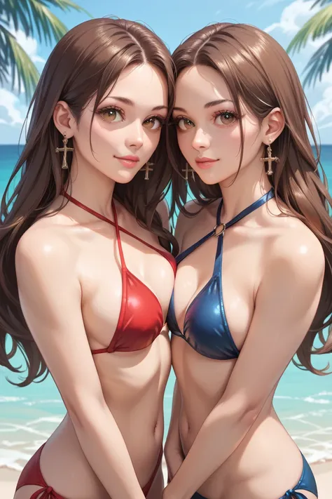 Two, beautiful girl, twin identical, long brown hair, medium chest, (beautiful brown eyes,), super fine eyes, super fine face, super fine eyes, cross halter neck bikini
Background: (Beach)