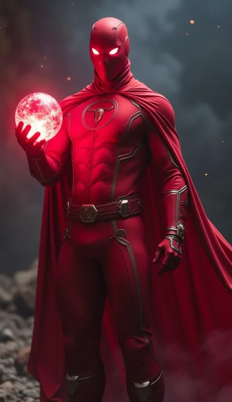 A god of Reality, Red clothes, Marvels Reality Stone(Infinity Stone) Holding in Hand, Adult Boy, Red Reality Stone Shining, Space, Full Body Covered Godistic Suit, Godistic Mask, Realistic, Cinematic 