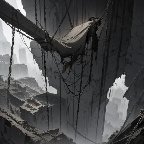 Male, bishounen, adult, light skin, messy black hair, lean body, barefoot, bare legs, torn waist-length dark grey poncho, sci-fi, ruins, stuck, tied up with chains, chains around body, chasm, suspended, airborne, slack body, despair, facing viewer, full bo...