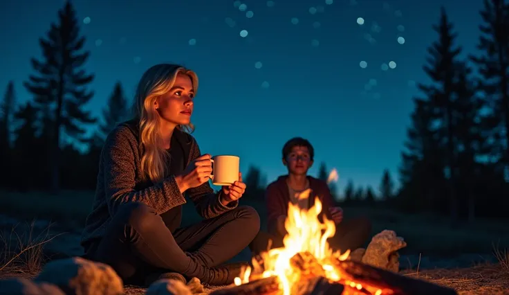 The blonde woman sits by a crackling campfire under a starry night sky. She holds a steaming mug, her face illuminated by the warm firelight. A single figure sits beside her, indistinct and secondary to the scene. The background features tall pines silhoue...