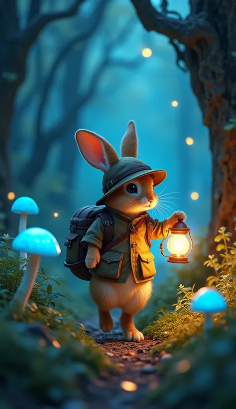 1. Rabbit Exploring the Forest
"A courageous rabbit wearing a tiny explorers hat and carrying a glowing lantern, walking through a mystical forest filled with glowing blue mushrooms, sparkling fireflies, and ancient twisted trees."