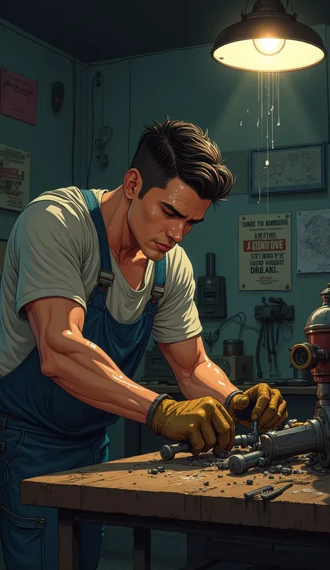 "A strikingly handsome young man in his early 30s, with short, neatly styled hair and a chiseled jawline, exuding a sense of determination, is in a dimly lit workshop filled with tools and machinery, surrounded by the remnants of various projects. He is fo...