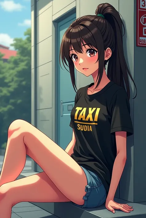 A beautiful and cool young woman wearing a motorcycle taxi shirt, long hair tied up in a bun, tall and with long legs, sitting and leaning against the wall. Anime cartoon.