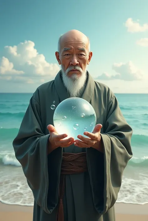 Chinese bald old and gentleman holding crystal ball with bubbles by the sea