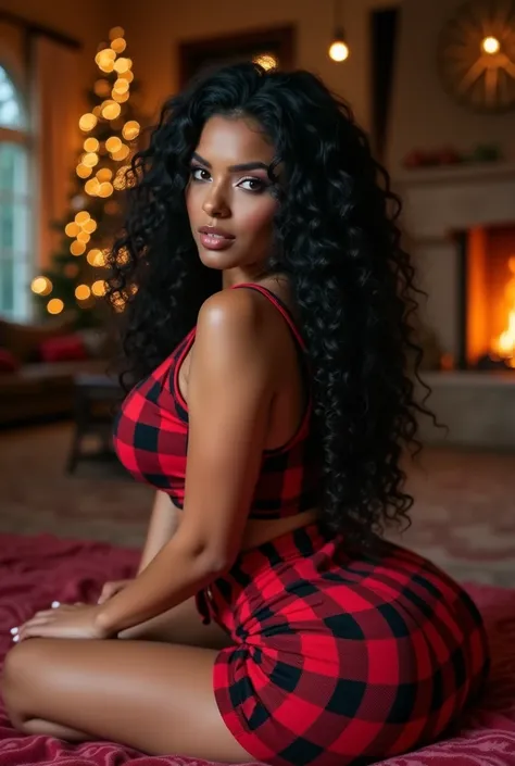 full body length zoomed out photograph of a young lightskin black woman with hazel eyes and long  wavy   black  curly hairstyle with  edges, luxury lashes, and Kim k  makeup with a big booty , tiny waist and big boobs wearing a Christmas plaid crop top red...