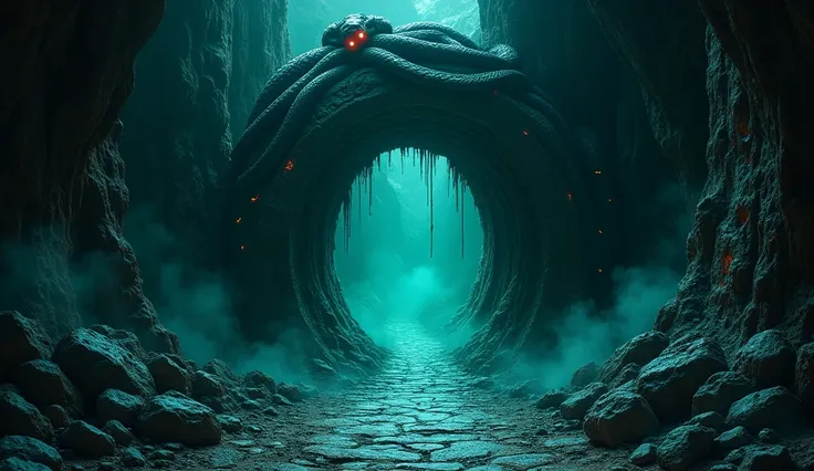 "A dark, foreboding cave entrance surrounded by jagged rocks, with a massive arch formed by entwined snakes, their glowing red eyes and sharp fangs creating a sense of danger. The path inside the cave glows faintly with eerie green and blue lights, giving ...