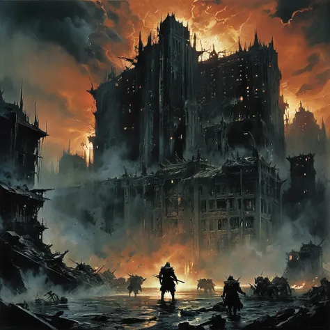 
A dark fantasy apocalypse scene in the style of Frank Frazetta. The city of Warcester lies in ruins, once a bustling metropolis now reduced to chaos and decay. The streets are overrun by bloodthirsty creatures known as Vessel, their gaunt, hollow forms co...