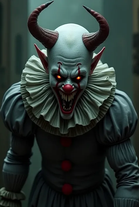 Dark the creepy clown he is a male clown he has horns, sharp teeth, red eyes 