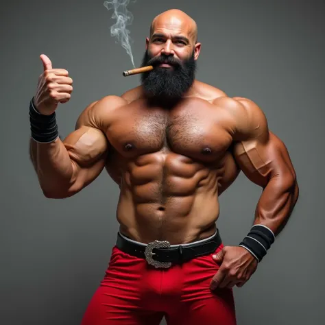 This is a highly detailed photograph of a muscular, bald man with a thick black beard and mustache. The mans physique is extremely muscular, with exaggeratedly large biceps, triceps, and pectoral muscles. His skin is a deep tan color, and he has a prominen...