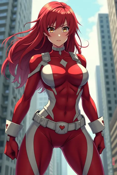  My Hero Academia style ,   anime girl , woman, young woman ,  full body shot ,( Fighting Stance :1.3),Long Hair, Red Hair,   Brown Eyes , hero suit, Full Body Suit,  red suit with white details, perfect anatomy,  enhanced abs , super detailed,(building:1....