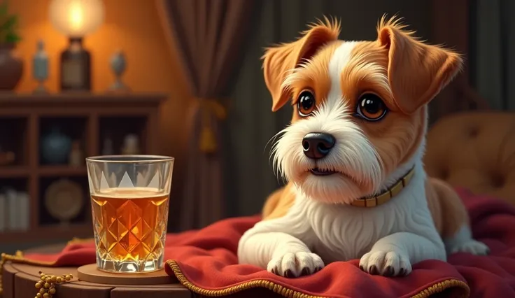  Cute young elegant blonde with beard with gold bezels. W jedej rece trztma strzekbe w drugiej whisky. Dom z muru pruskiego, czarny merceds w124, jack russell terrier .  Cartoon fairy tale style blanket  