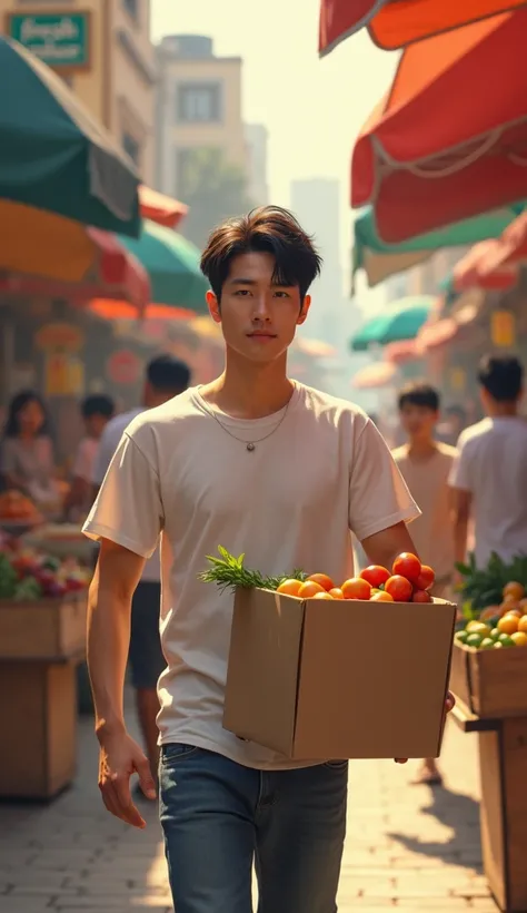 "A handsome young Korean man in his 20s, with stylish black hair and a focused expression, is working in a bustling street market. He is wearing a simple white t-shirt and jeans, carrying a heavy box of goods. The background shows colorful market stalls an...