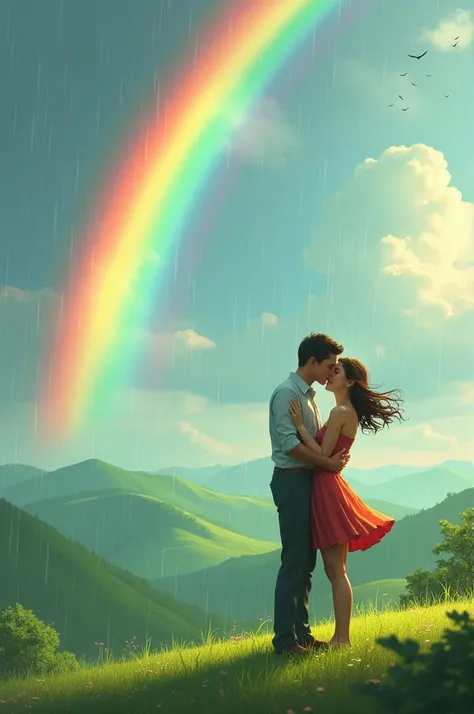 Raining,hills,rainbow,couple kissing in right side,birds