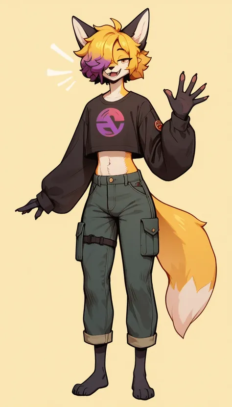 Excited expression, 1boy, (femboy), anthro, furry, fur, fluffy fur, fox boy, yellow and black fur body, fluffy, long yellow hair, purple highlights, messy hair, (19 years), thicc thighs, solo, (light yellow background), detailed, wide smile, half closed ey...