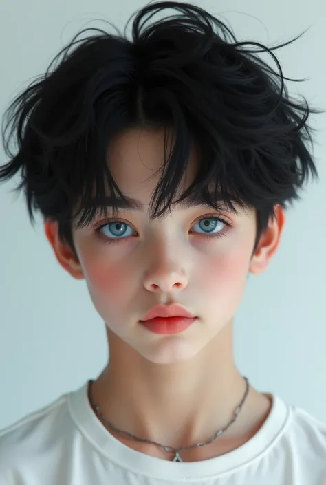 Realistic, cute, handsome, young boy, feminine boy, messy black hair, big lips, pink lips, blue eyes, white shirt, close-up, black skin