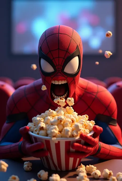 Animation, spiderman greedily eating popcorn with her hands, mouth wide open , 