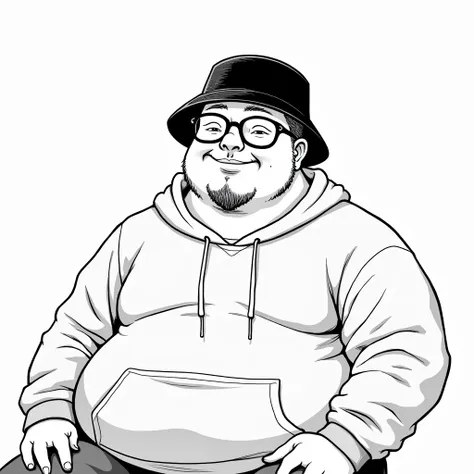  You are a genius illustrator 。
Please create a black and white illustration in the style of a shonen manga based on the information below 。

Subject ： A man sitting bossly
・A chubby middle-aged man with a stubble beard
・Im wearing a black bucket hat
・The ...