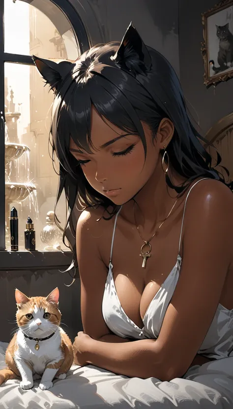 in style of Ashley Wood, (head leaning:1.3),1girl,dark skin, tan skin, very tan skin, cat,front view,board expression, sad expression, Fountain Pen stroke style,round windows,bed,romantic mood lighting,pendant,cat between cleavage,sit cross-legged on the b...