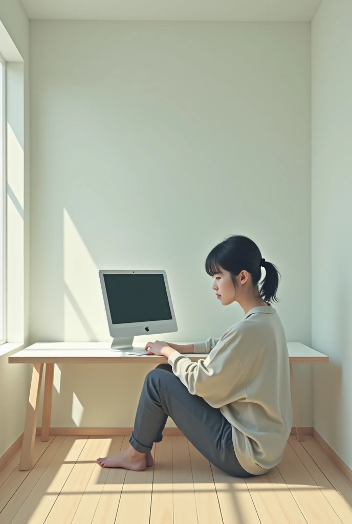 Female Japanese 　  22-year-old woman.  desktop computer on a light wooden floor in a room , 、 thinking about an Apple MAC computer before thinking , On a white desk  ,  surreal depiction , Looking at 