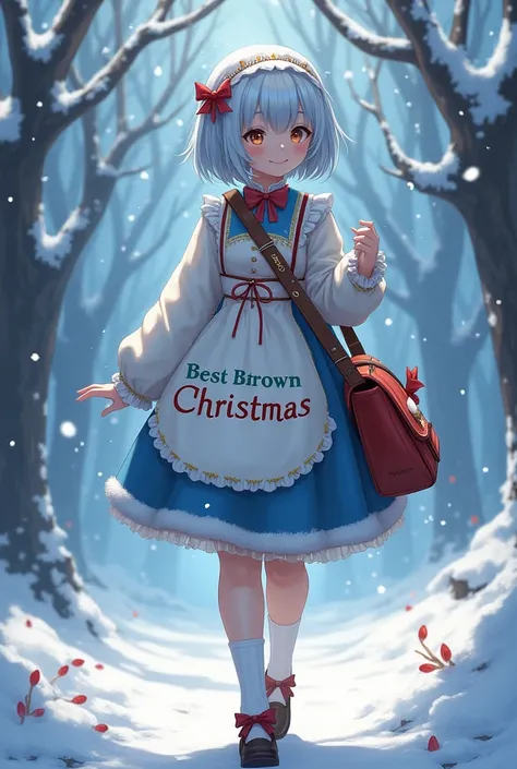 A pretty girl, wearing a white and blue Christmas tea top written Best Brown Christmas, wearing socks, short white and blue hair, walking away while carrying a back bag, sparkling fantasy, sparkling jewelleries, master piece