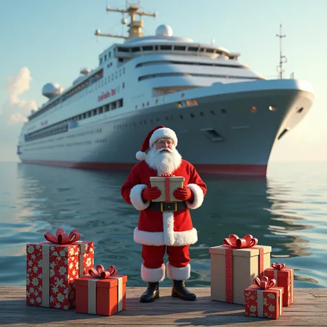  Santa Claus is standing on the pier with gifts in beautiful boxes. Behind him, a large floating base , can be seen the name aboard Zabiyaka Bay . The mood is great,  photorealism  