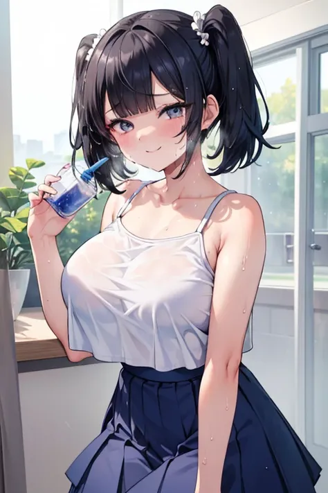 (8k、 top quality 、 top quality 、masterpiece)、 detailed face 、 One Girl 、   girl、 black hair、 Shorthair、 twin tails、blunt bangs、 gray eyes、 Evil Smiles 、(( clothes are transparent ))、(( white camisole from frame))、(( blue skirt))、 cowboy shot、((Love juice))...