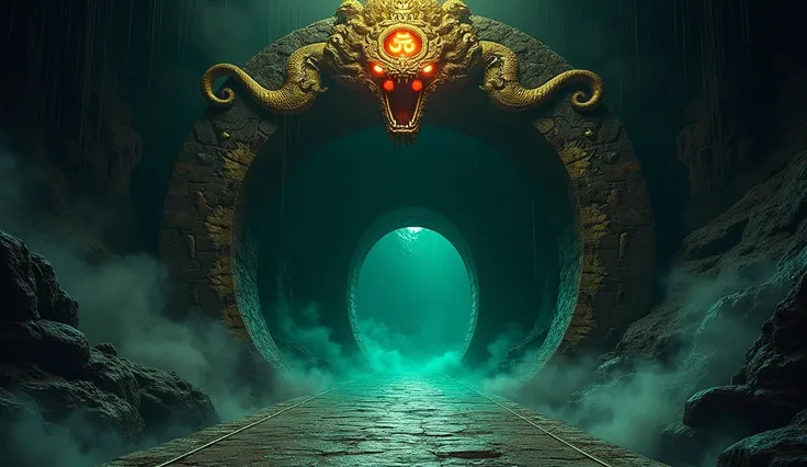 "A dark, mystical cave entrance resembling a gateway to the underworld, with a massive arch formed by entwined snakes. The snakes glowing red eyes and sharp fangs add a sense of danger. At the top of the arch, golden Hindu symbols like Om, Trishul, and int...